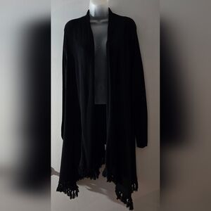 Mud Pie Open Front Cardigan, 37" Long, Fringe Hem, Long Sleeve, Euc, Black